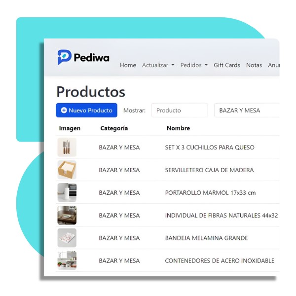 Pantalla de carga de productos en el catálogo de Pediwa