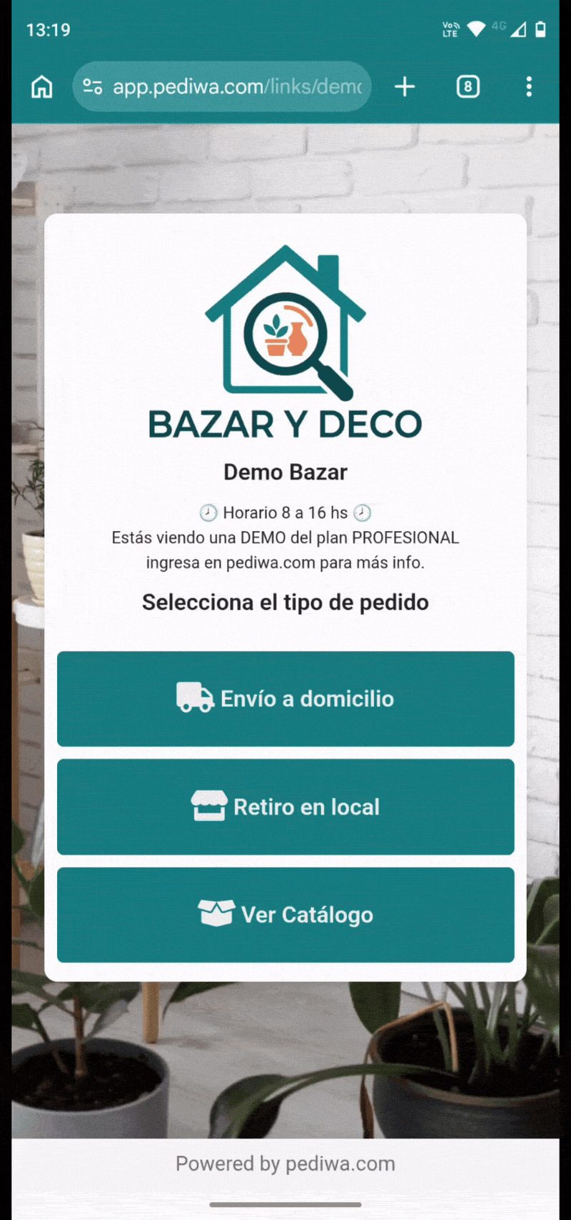 Demo de la app de Pediwa: pantallas del catálogo y pedidos por WhatsApp