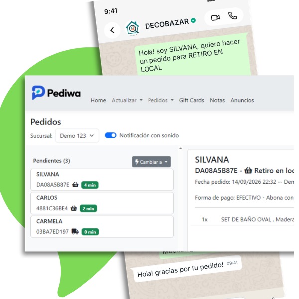 Pantalla de pedido recibidos en WhatsApp y en el panel de Pediwa